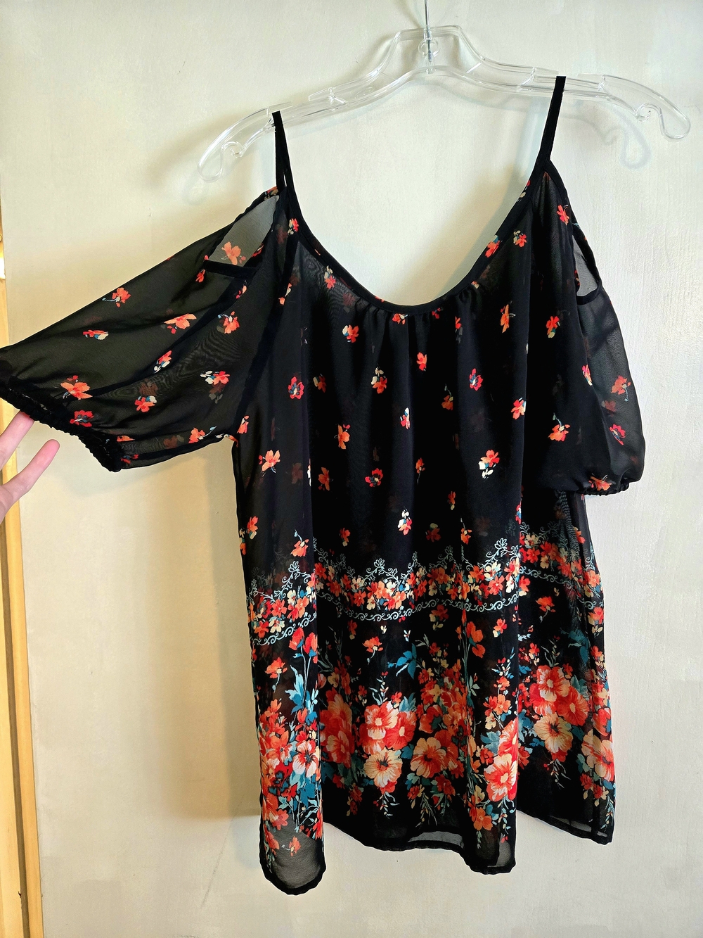 American Dream Black Floral Top with Red, Orange, and Teal Accents